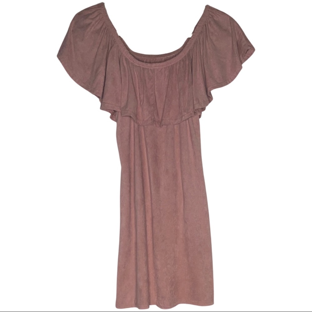 faux suede pale pink bodycon off the shoulder mini dress
